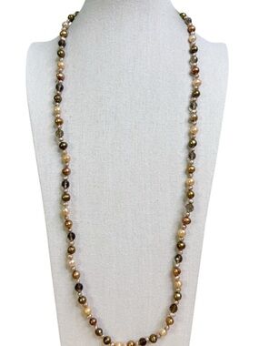 Genuine Pearl and Quartz Bead Necklace - Brown & Gold Tones - Opera, Flapper